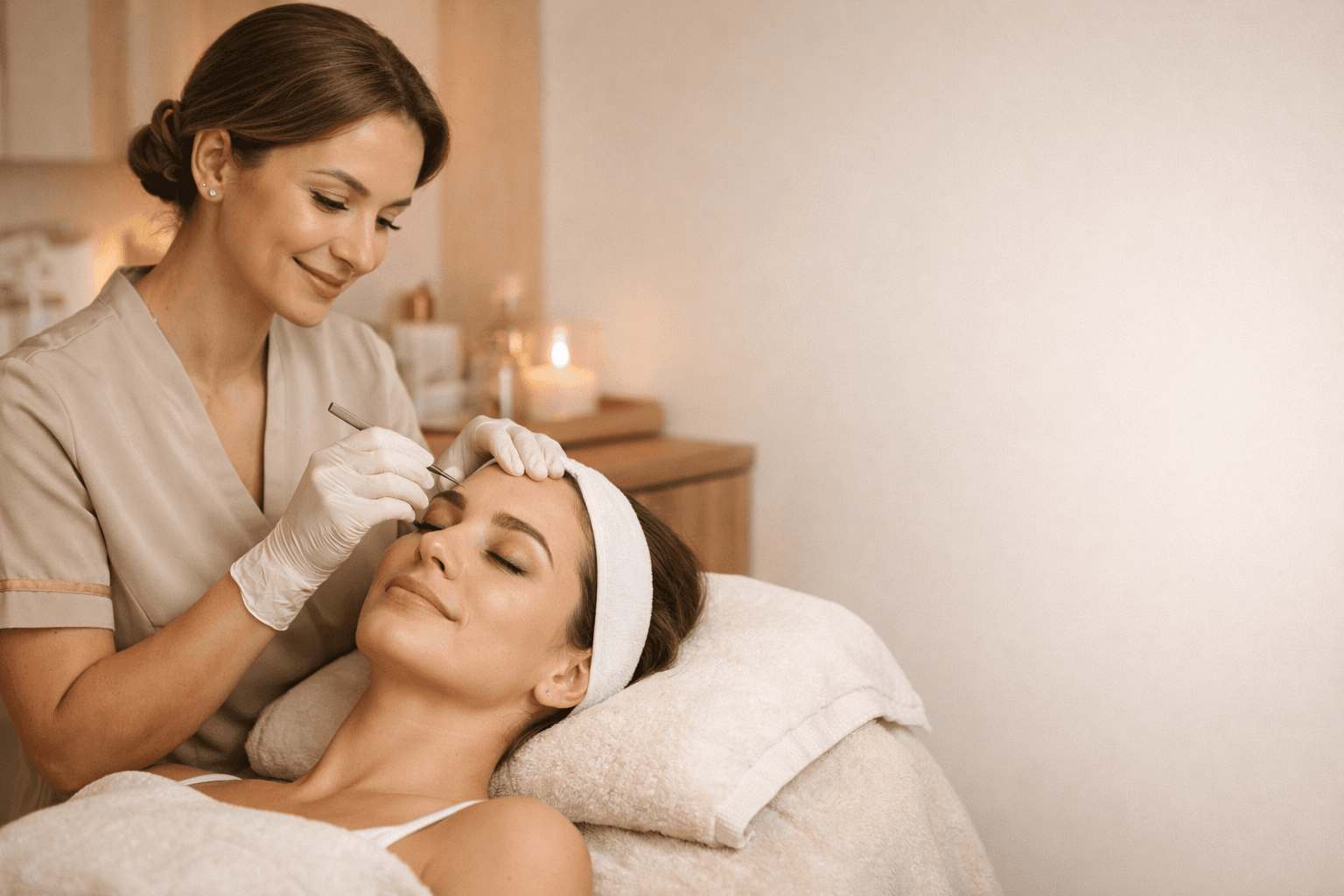 Atendimento de design de sobrancelhas realizado pela equipe da Serene.